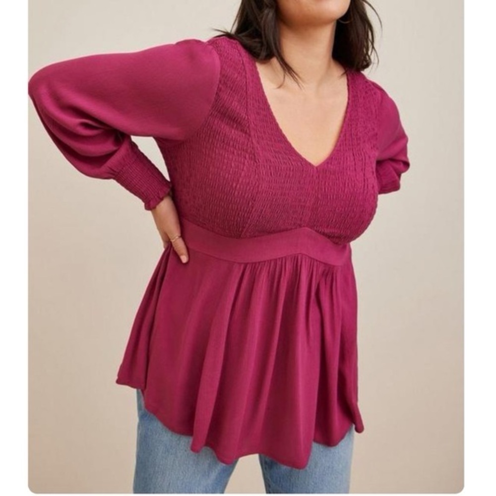 Torrid Babydoll Crinkle Gauze Smocked Top Blouse Boho Dark Pink Plus Size 5X